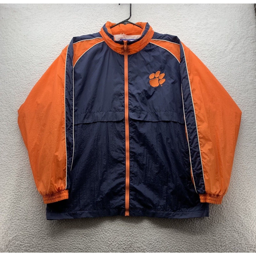 VTG Clemson Tigers Logo Athletic Windbreaker Mens Large Spellout Hidden Hood Paw